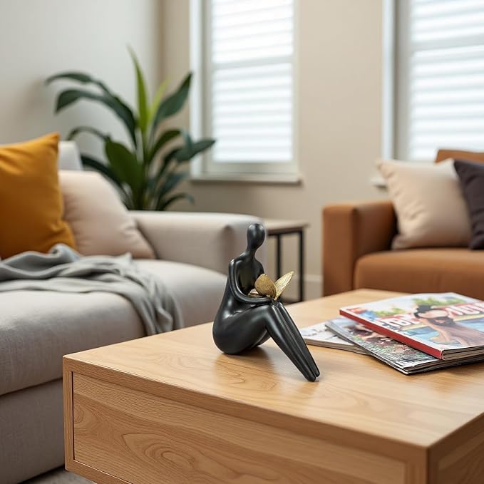 Lescafita Black Abstract Sitting Figurine with Gold Butterfly – Modern Resin Sculpture for Shelf, Desk, Living Room & Office Decor, Minimalist Shelf Sitter Statue for Home Decoration