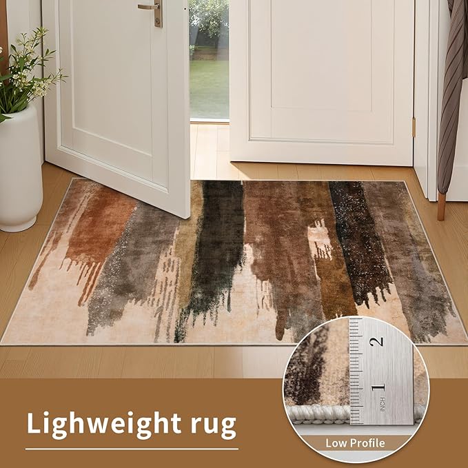Ciicool 4ft Round Washable Rug, Modern Abstract Circle Rugs, Non-Slip Thin Lightweight Rug Brown Black Circular Print Distressed Carpet for Bedroom Living Room Under Dining Table Home Office Decor