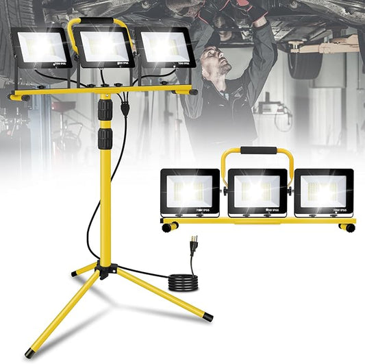 21000Lumens LED Work Lights with Stand, 3 Adjustable Work Lamp Head with Individual Switch, IP66 Waterproof Tripod Work Light for Outdoor Indoor Job Site Workshop Garage Construction Site