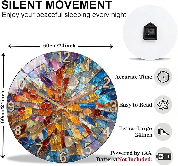 24 Inch Colorful Mosaic Glass Wall Clock Silent Art Decor | Silent glossy clock with a vibrant stained glass mosaic design, perfectly tracking time to brighten your living room