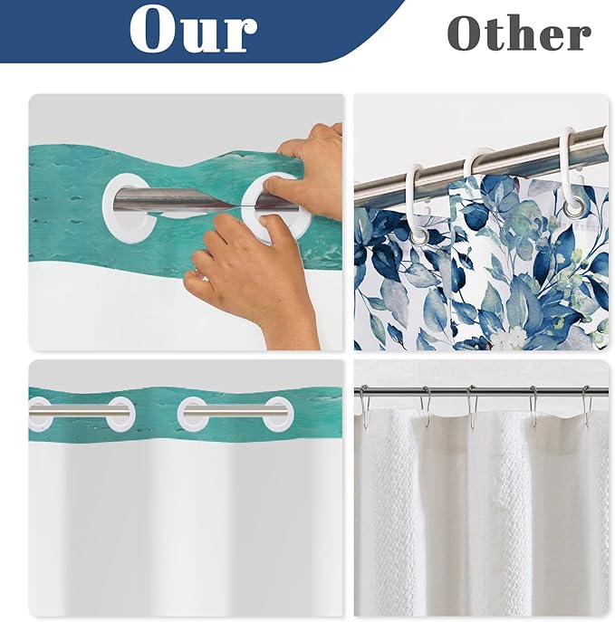 No Hook Shower Curtain with Snap in Liner, Beach Scene Abstract Coastal Art Print, Waterproof Fabric Bath Curtain with See Through Top, Modern Ocean Vibe Bathroom Decor, 71W x 74H