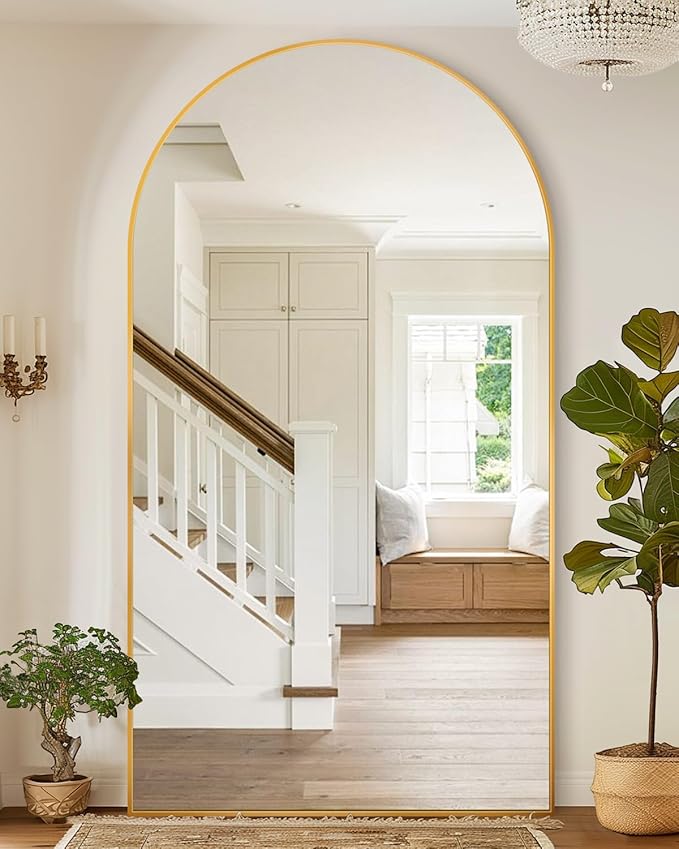 Full Length Mirror with Stand, 81"x41" Arched Full Body Mirror, Large Stand Up Mirrors, Aluminum Frame Floor Standing Mirrors, Freestanding Hanging Leaning Mounted for Bedroom Living Room,Gold