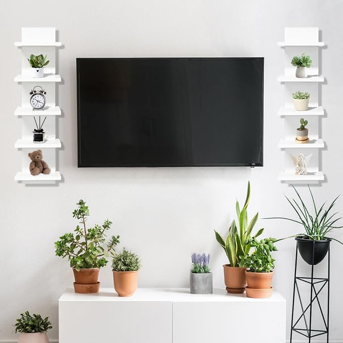 2 PCS 5 Tier Shelves for Wall, Decorative Wall Mounted Vertical Shelving Column Decor Mount Floating Storage Organizer Natural Finish Wall Shelf for Living Room, Bedroom, Bathroom