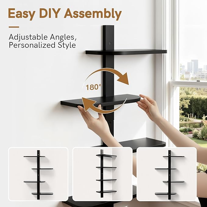 Afuly Black Floating Shelves for Wall Display Shelf Unit Modern Decorative Solid Wood Shelving Home Decor Living Room Bedroom Coffee Bar Bathroom Small Space Plant Photo Set of 4