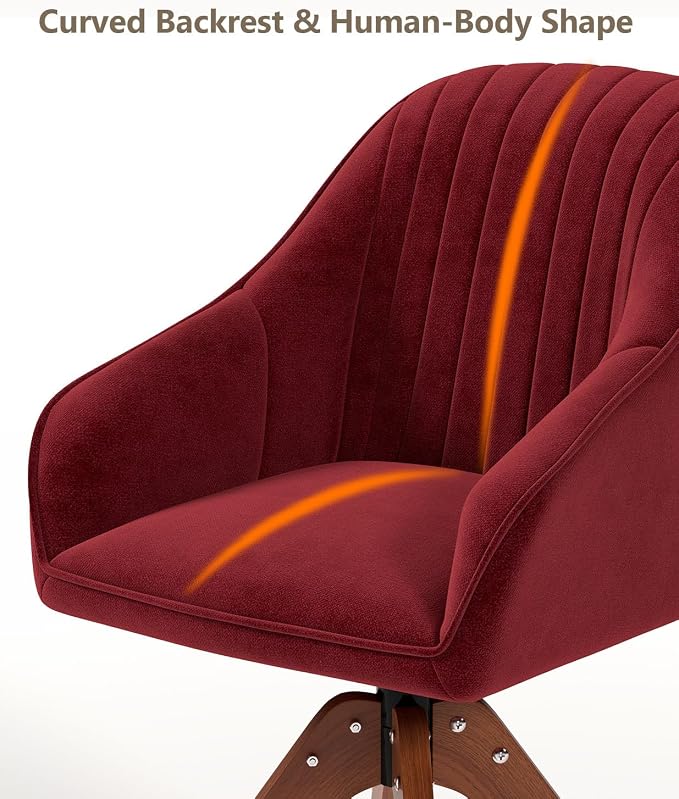 OS MOTOR Modern Swivel Accent Chair with Arms, Upholstered Desk Chair No Wheels, Mid-Century Fabric Armchair with Oak Wood Legs for Home Office, Bedroom, Vanity, Red