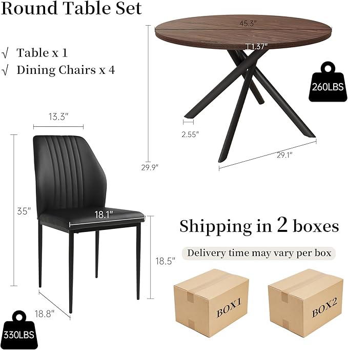 HIPIHOM 45.3'' Walnut Round Dining Table Set for 4, Mid Century Modern Small Coffee Set for Dining Room Kitchen Apartment (Dark Walnut Table + 4 Black Chairs)