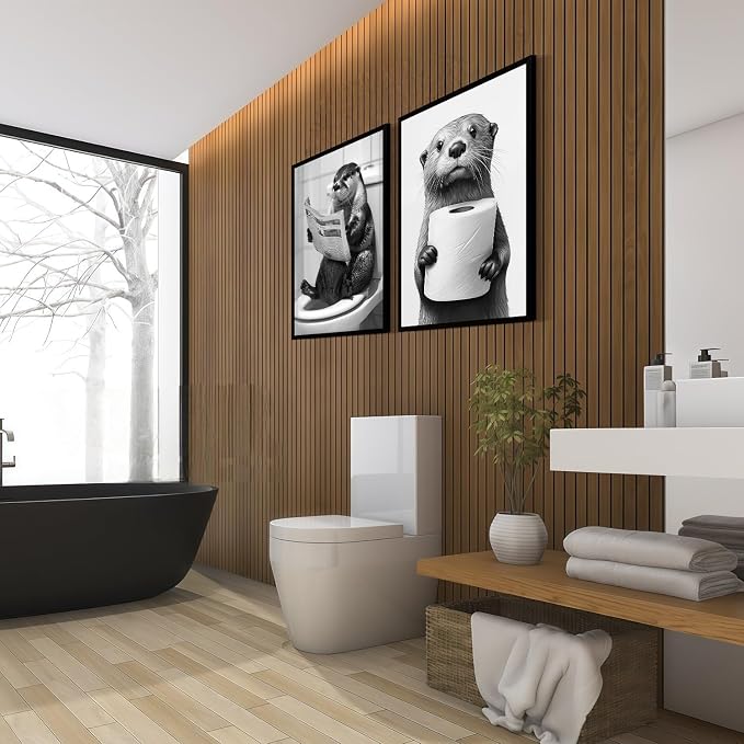Framed Funny Bathroom Wall Art Otter Canvas Prints Black and White Animal Posters Cute Toilet Humor Pictures Gallery Style Wall Decor Home Guest Bath 16x24 inch Ready to Hang
