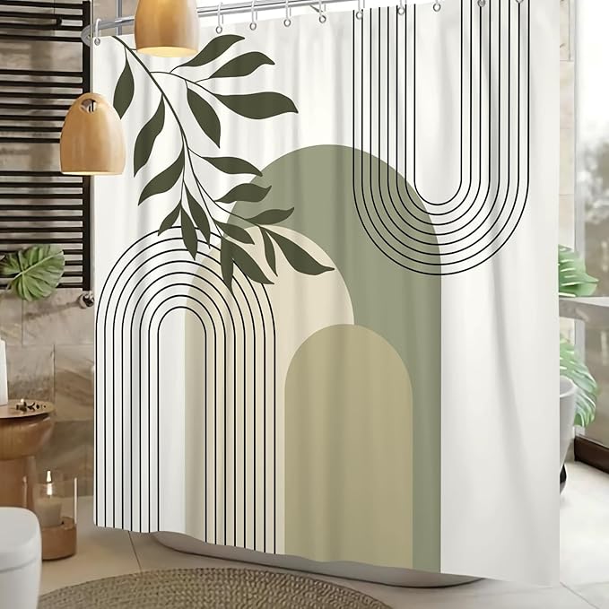 Boho Sage Green Shower Curtain Mid Century Modern Abstract Plant Botanical Bathroom Curtain Minimalist Neutral Geometric Arch Bath Decor Polyester Set with Hooks 48x72 inch
