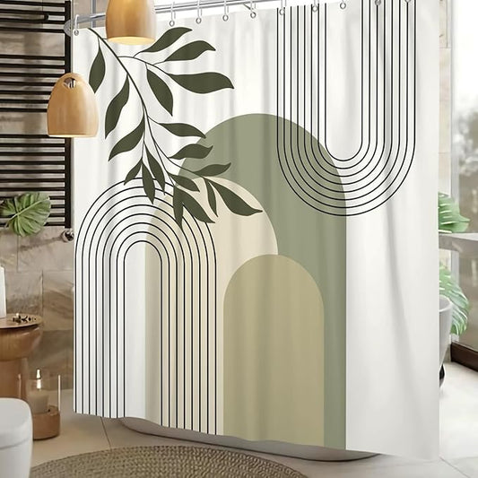Boho Sage Green Shower Curtain Mid Century Modern Abstract Plant Botanical Bathroom Curtain Minimalist Neutral Geometric Arch Bath Decor Polyester Set with Hooks 48x72 inch