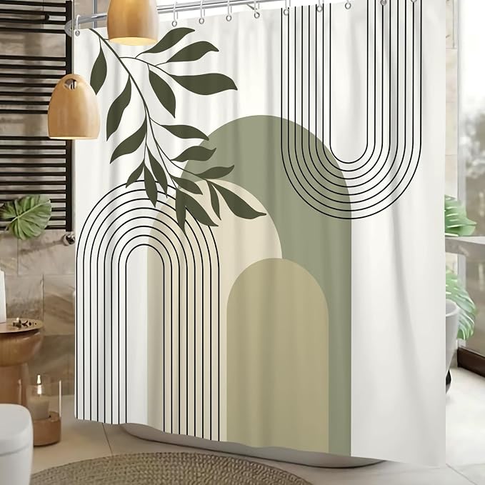 Boho Sage Green Shower Curtain Mid Century Modern Abstract Plant Botanical Bathroom Curtain Minimalist Neutral Geometric Arch Bath Decor Polyester Set with Hooks 60x72 inch