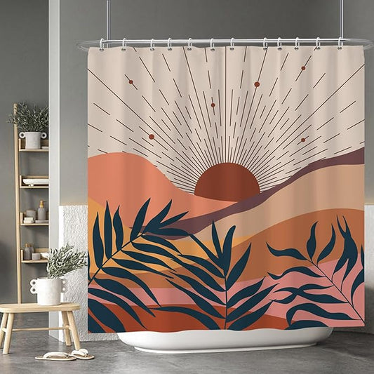 Baocicoo Boho Abstract Sun Shower Curtain Mid Century Sunrise Mountain Shower Curtain for Bathroom Minimalist Aesthetic Bathroom Decorations Waterproof Curtain for Bathroom with Hooks 72x72 Inches