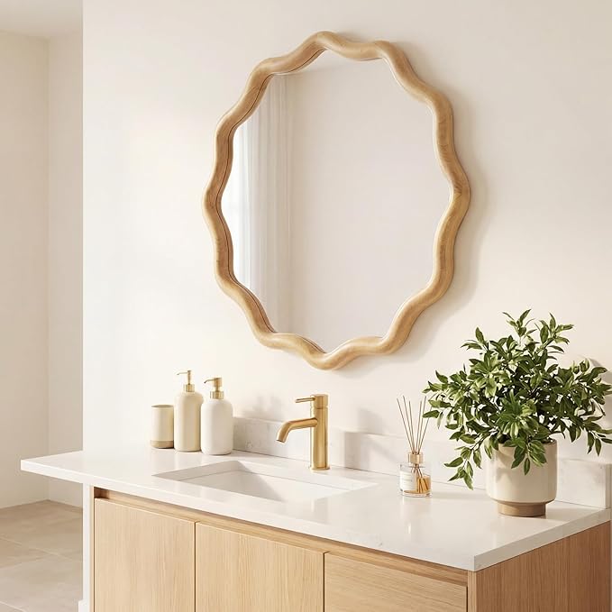 Vercraft 24 Inch Scalloped Wooden Bathroom Round Circle Mirror for Wall, Boho Wavy with Tempered Glass, Natural Frame Hanging for Bedroom, Living Room, Entryway, Farmhouse (Natural Wood Color)