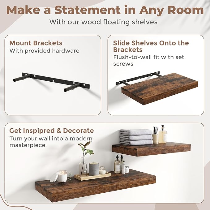 40 Inch Long Floating Shelves for Wall 2 Pack, 12"D Wood Grain Bathroom Shelves with Invisible Brackets, Easy Install Engineered Wood Storage Shelves for Kitchen, Living Room, Bedroom, Rustic Brown