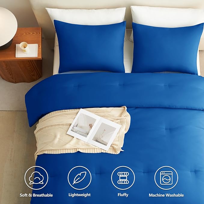 CozyLux Twin Comforter Set College Dorm Essentials, 2 Pieces Classic Blue Twin Extra Long Solid Bedding Set, Twin XL Bed Set with Down Alternative Comforter and 1 Pillowcase, Back to School Room Gift