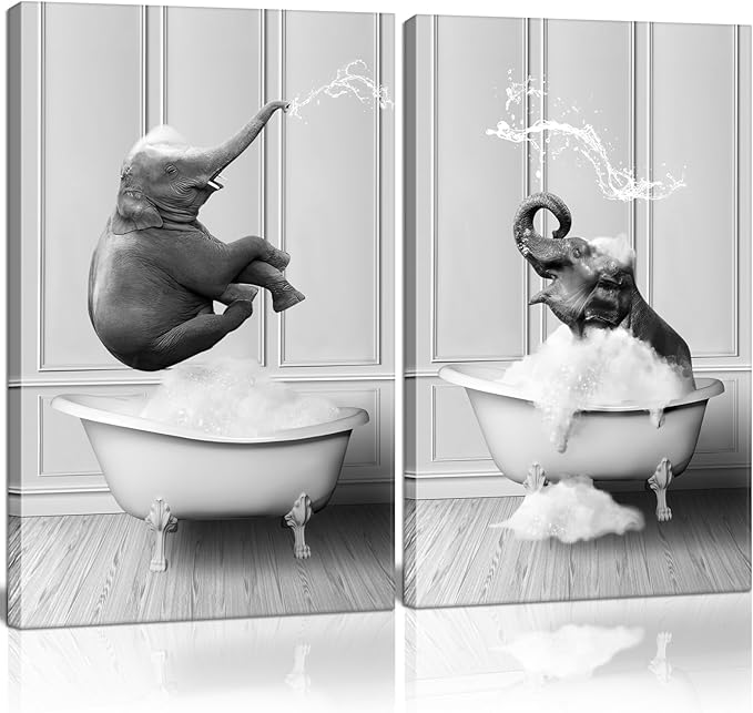 Framed Bathroom Wall Art Funny Kids Bathroom Decor Black and White Canvas Wall Art Pictures Elephant Bathing Animals Abstract Prints for Bedroom Poster 12x16x2Inch Ready to Hang