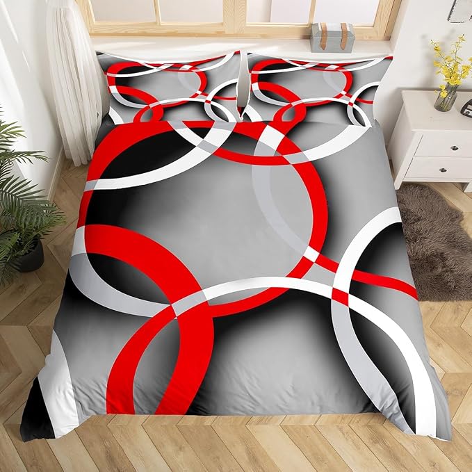 Feelyou Geometric Bedding Set Retro Circle Comforter Cover for Kids Boys Girls Teens Women Modern Abstract Art Duvet Cover Grey Red Black Bedspread Cover Room Decor King Size (No Comforter)