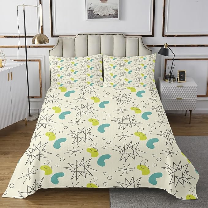 Erosebridal Hippie Minimalism Coverlet King Size Fifties Old Fashion Bedding Set, Abstract Atomic Art Bedspread Set Beige Teal Aesthetic Quilt Set, Modern Mid Century Bed Set with 2 Pillowcase