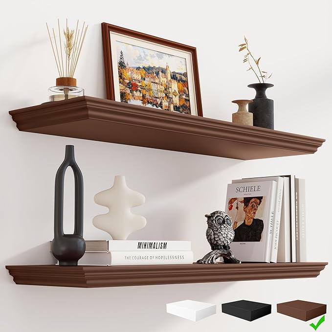 Fun Memories Floating Shelves 32 Inch Long, 9.3 Inch Deep Classic Crown Molding Floating Shelves for Wall, Rustic Wooden Shelves for Wall Decor Bathroom, Kitchen, Office, (Walnut, 2Pack)