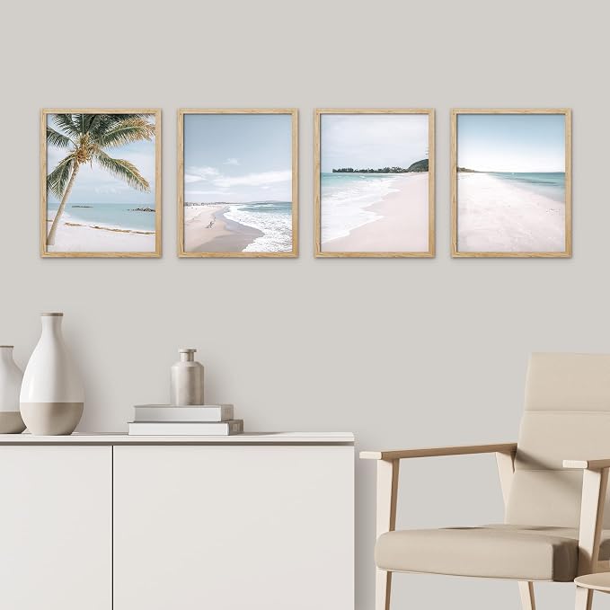 SIGNWIN Framed White Beach Shore Tropical Palm Tree Island Wall Art, Set of 4 Landscape Colorful Wall Decor Prints, Nature Wilderness Wall Décor for Living Room, Bedroom - 12"x16" Natural