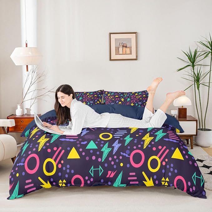 Memphis Style Duvet Cover Full Abstract Colorful Design with Dots Funky Bedding Set for Kids Child Girls Vintage Eighties Comforter Cover Memphis Fashion Bed Sets 80'S Style Retro 1980s Home Decor