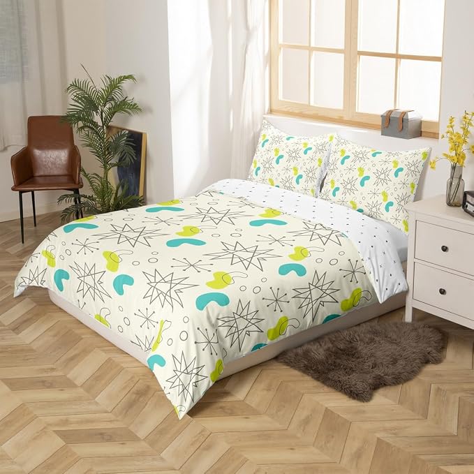 Erosebridal Hippie Minimalism Bed Set Fifties Old Fashion Duvet Cover, Abstract Atomic Art Bedding Set Twin Beige Teal Aesthetic Comforter Cover, Modern Mid Century Bed Cover with 1 Pillowcase