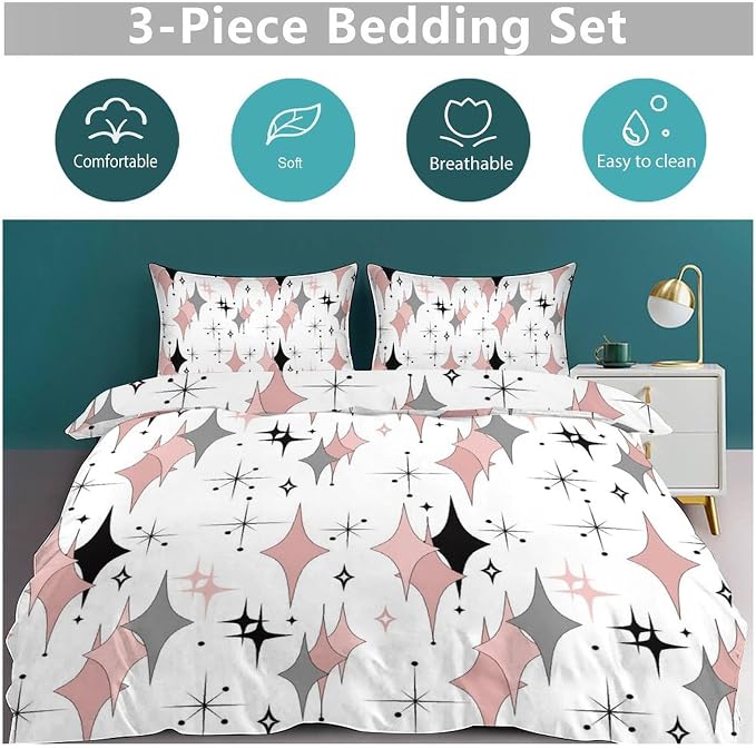 Mid Century Comforter Set for Girls,Modern Pink Grey Abstract Atomic Geometric Pattern Retro 1950s 1960s Style Bedding Set with Pillowcase for Bedroom Bed Decor,Full 79"x90"