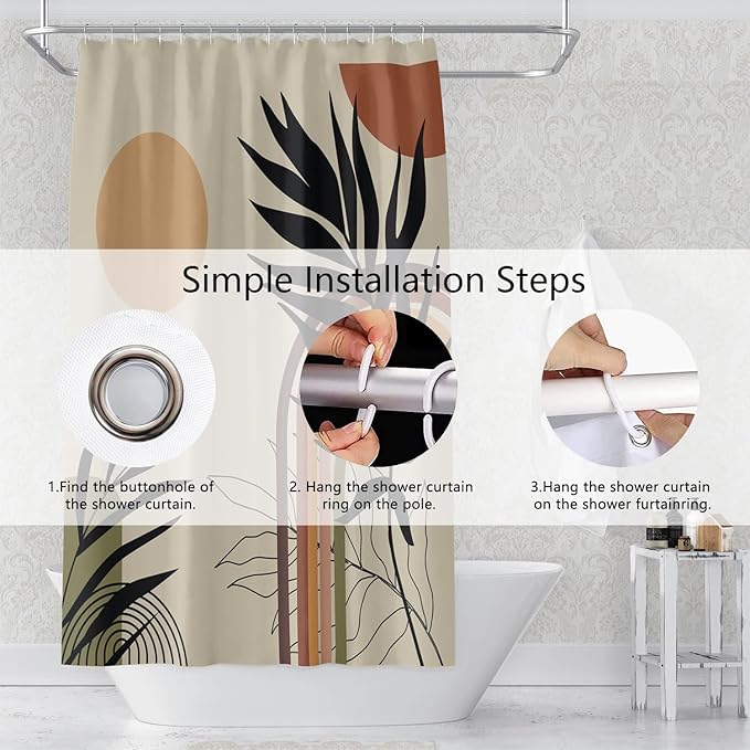 Abstract Mid Century Bohemian Bathroom Shower Curtain Eucalyptus Leaves Colorful Arch Sun Shower Curtain with Hooks Waterproof Fabric Polyester Shower Curtain Art Home Decor, 72x84 Inch