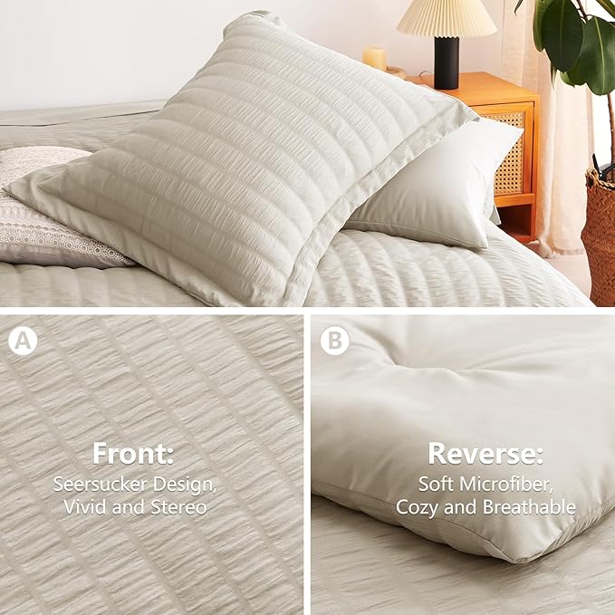 CozyLux Queen Comforter Set Oatmeal, 7 Pieces Seersucker Textured Luxury Bed in a Bag Queen, All Seasons Soft Bedding Sets with Down Alternative Comforter, Sheets, Pillowcases & Shams, Home Gift