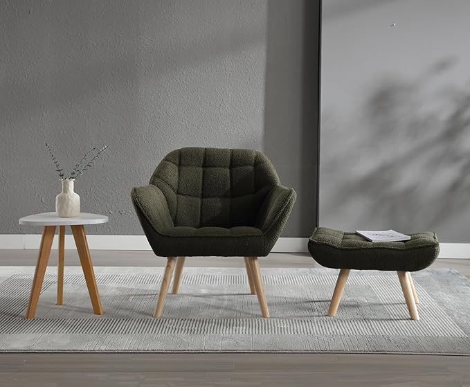 Sherpa Accent Chair with Ottoman, Modern Fuzzy Reading Chair with Ottoman Upholstered Armchair with Wood Legs Comfy Lounge Chair for Small Spaces Living Room Bedroom Book Nook, Green