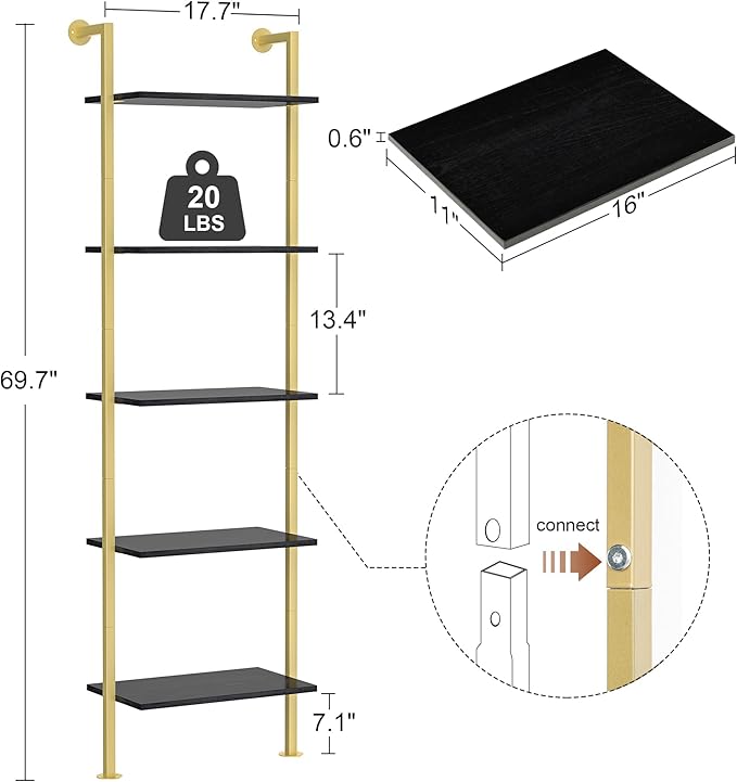 Acovy 5-Tier Bookshelf Solid Wood Ladder Shelf, Narrow Book Shelf Display Shelf, Wooden Bookcase, Wall Mount Ladder Shelf, Storage Rack for Living Room, Bedroom, Industrial Style, Black&Gold