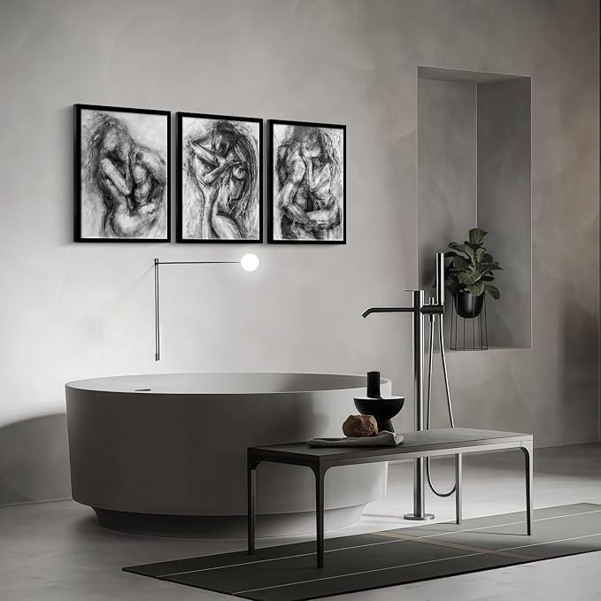 3Pcs Framed Black and White Canvas Wall Art Abstract Nude Prints Couple Modern Gallery Style Painting Pen sketch Posters Decorations Bedroom Living Room Bathroom 12x16 Inch Ready to Hang