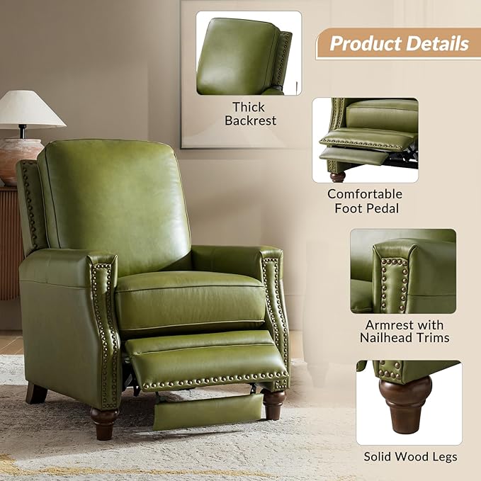 HULALA HOME Genuine Leather Recliner Chair Set of 2, Classic Push Back Recliner Armchair with Thick Seat and Backrest (Olive)
