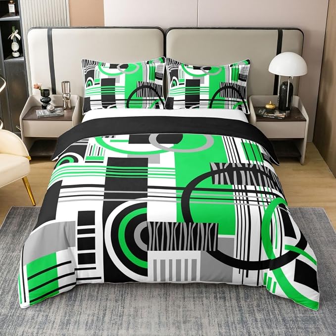 Erosebridal Art Deco Mid Century Duvet Cover Set Retro Modern Abstract Geometric 100% Cotton Comforter Cover Black and White Green Circles Stripes King Bedding Set, Contemporary Bed Sets