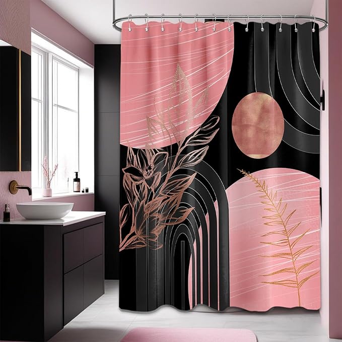 Black and Pink Shower Curtain Boho Mid Century Dark Pink and Gray Shower Curtains for Bathroom Decor, Waterproof Cloth Fabric with Hooks, 70" W x 84" L