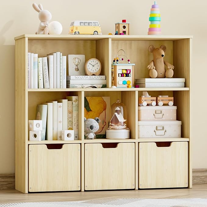 EXPERLAM Solid Pine Wood Toy Storage Organizer, Kids Bookshelf and Toy Organizer with 3 Rolling Drawers, 5 Storage Cubes, Montessori Playroom Storage Cabinet, Burlywood