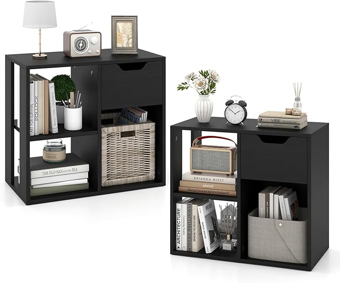 LOKO 3-Cube Bookshelf with Drawer Set of 2, 2-Tier Open Shelf Bookcase, Freestanding Display Shelf, Modern Home Storage Organizer, Shelving Unit for Living Room, Study, Office (2, Black)