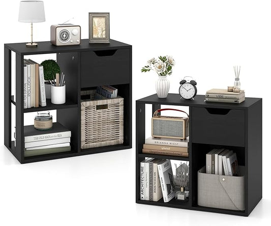 LOKO 3-Cube Bookshelf with Drawer Set of 2, 2-Tier Open Shelf Bookcase, Freestanding Display Shelf, Modern Home Storage Organizer, Shelving Unit for Living Room, Study, Office (2, Black)