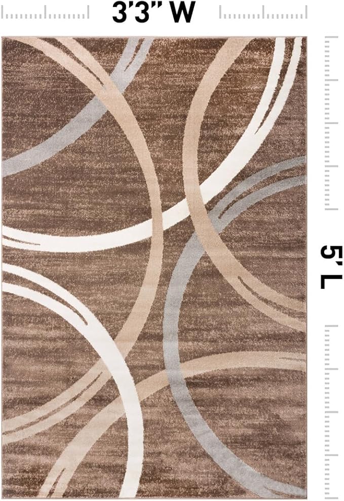 Rugshop Modern Wavy Circles Design Area Rug, Fade-Resistant Carpet for Bedroom, Office, or Small Spaces, Brown, 3'3" x 5'