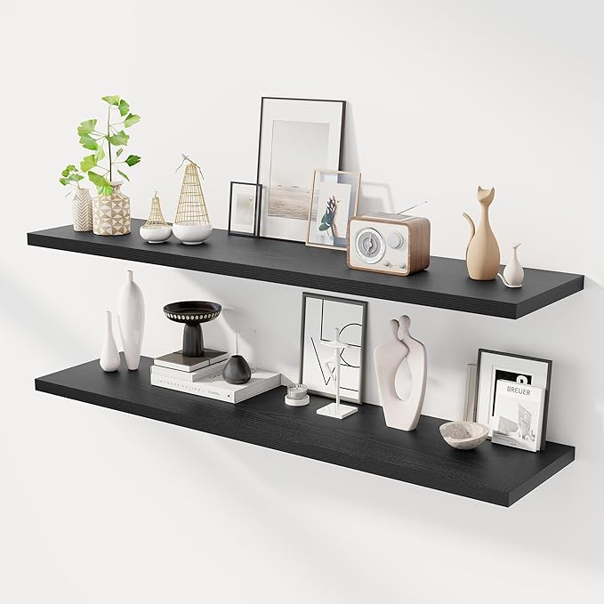 Dreamland 55" Floating Shelves for Wall, 12" Deep Slim Black Floating Shelves, Wall-Mounted Shelves for Bedroom, Living Room, Kitchen, Bathroom - Set of 2