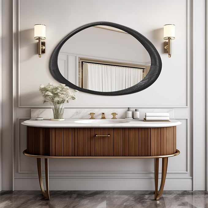 AAZZKANG Irregular Wall Mirror 28"x20" Black Asymmetrical Wall Mounted Mirrors Modern Wood Frame Mirror Large for Bathroom Bedroom Living Room Entryway