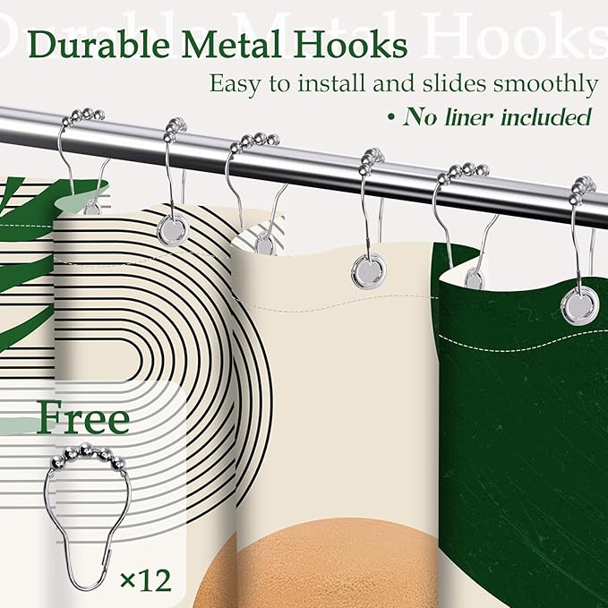 Dark Green Shower Curtain Olive Green Emerald Mid Century Modern Shower Curtains for Bathroom Decor Boho MCM Neutral Bath Curtain Set, Waterproof Fabric with Hooks 70 x 72 Inch