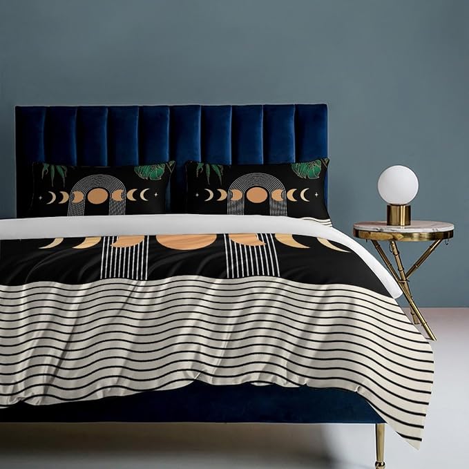 Mid Century Moon Phase Duvet Cover Sets Boho Modern Palm Leaves Arch Minimalist Printed Lightweight Soft Quilt Cover Soft Microfiber 3 Piece (1 Duvet Cover 68x86in + 2 Pillow Sham 20x30in)