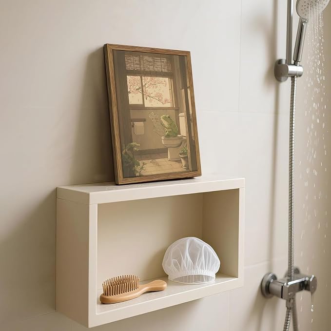 Framed Vintage Funny Bathroom Wall Art, Cute Frog Reading on Toilet Canvas Prints, Whimsical Japanese Style Animal Artwork, Retro Simple Wall Decor for Bathroom Bedroom Restroom 12x16in