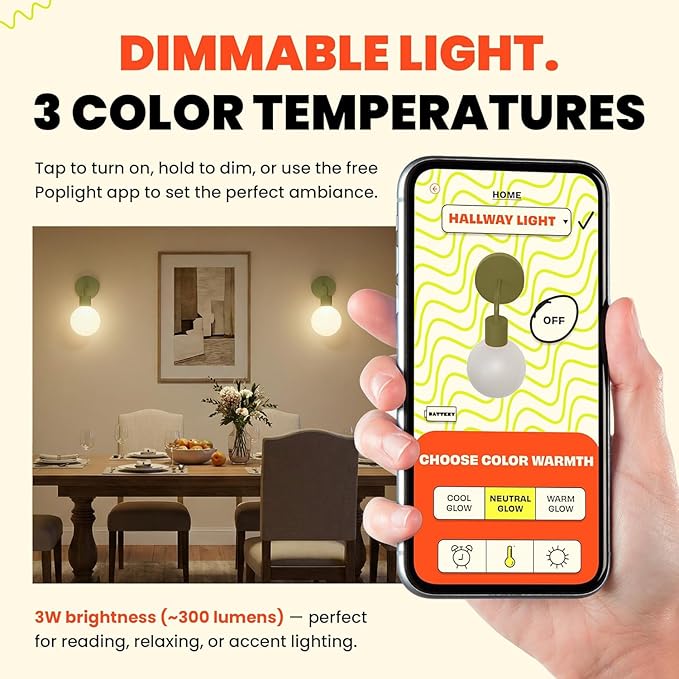 Wireless Wall Sconce (Shark Tank) Rechargeable & Dimmable LED Light w/App Control & Damage-Free Install, Moveable Modern Ambient Lighting for Elegant Home & Bedroom Decor | Sage Green