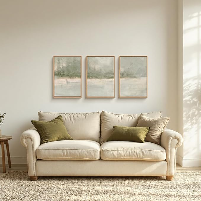 FWIEXA Grey Green Abstract Canvas Wall Art Set 3, Neutral Landscape Framed Prints, Modern Lake Scenery Paintings, Beige 24x36In Watercolor Artwork Poster for Farmhouse, Living Room, Bedroom, Office