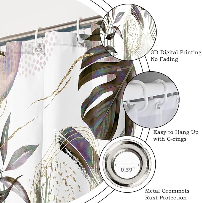 Mid Century Boho Shower Curtain Dark Brown and Purple Palm Leaf Abstract Minimalist Aesthetic Bathroom Decor Watercolor Plant Bathtub Curtain Washable Waterproof Polyester Fabric with Hooks 54x72 Inch