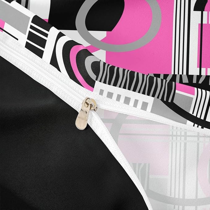 Erosebridal Art Deco Mid Century Duvet Cover Set Retro Modern Abstract Geometric Full Size Bedding Sets for Children Boys Black and White Fuchsia Circles Stripes Comforter Cover Contemporary Bed Set