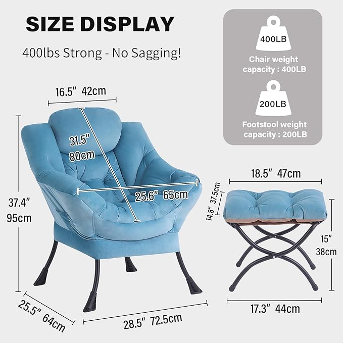 Tiita Lazy Chair with Ottoman, Blue Chiars Modern Large Accent Armchair, Comfy Leisure Sofa Reading Chair with Footrest for Bedroom, Living Room, Dorm Rooms, Garden, Velvet Light Blue