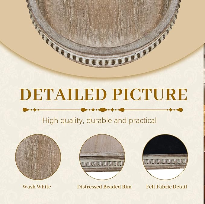 MAONAME Wood Serving Tray, Farmhouse Wooden Tray for Coffee Table, Oval Beaded Trays, Washed White Decorative Trays for Living Room, Kitchen, 15" X 9" X 1.2"