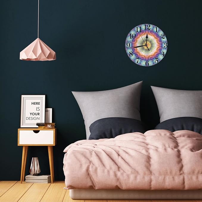 Mandala Wall Clock Battery Operated Silent Round Clock Peacock Feathers Wall Decor for Home Office School, 12 Inch